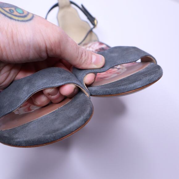 MARION PARKE Suede Scalloped Kitten Heel Sandal Gray Open Toe Women's 39/US 9 - Picture 3 of 8